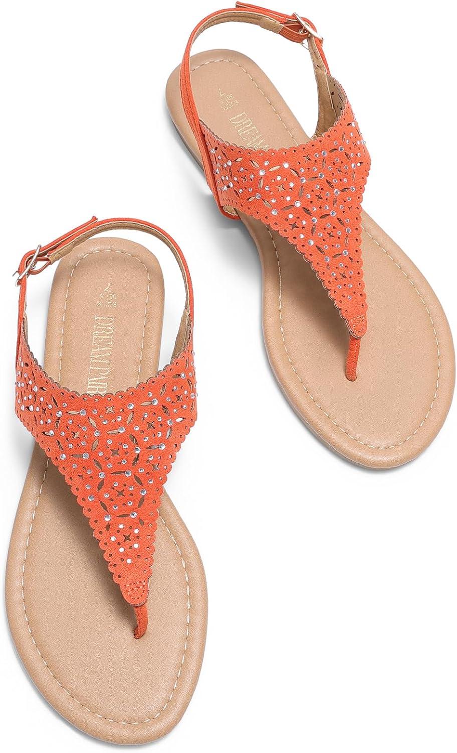 imageDREAM PAIRS Womens Rhinestone Casual Wear Cute Gladiator Flat Sandals Beach Dressy TStrap Thong SandalsOrange