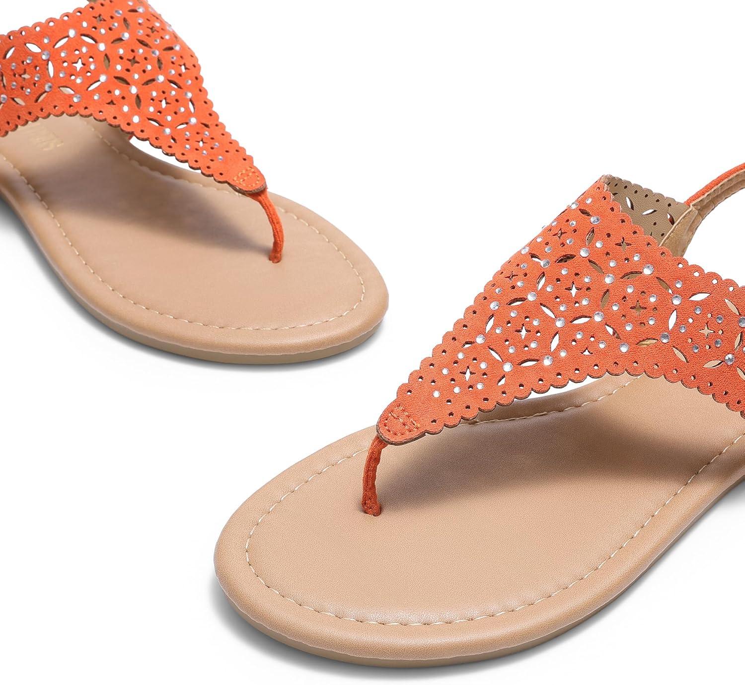 imageDREAM PAIRS Womens Rhinestone Casual Wear Cute Gladiator Flat Sandals Beach Dressy TStrap Thong SandalsOrange