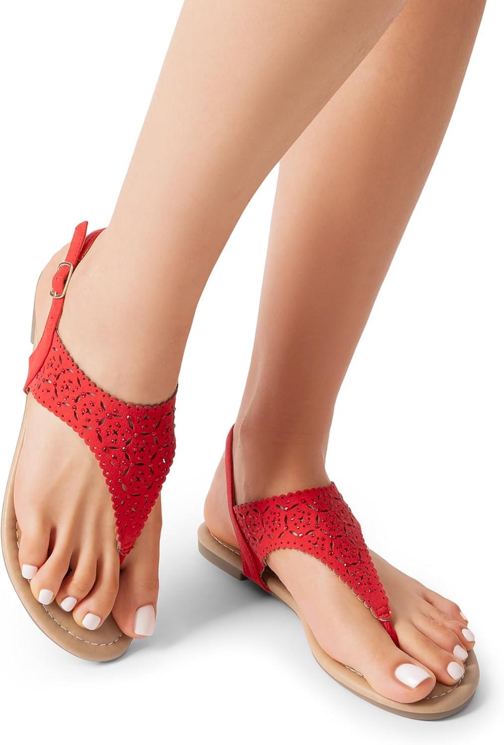 imageDREAM PAIRS Womens Rhinestone Casual Wear Cute Gladiator Flat Sandals Beach Dressy TStrap Thong SandalsRed