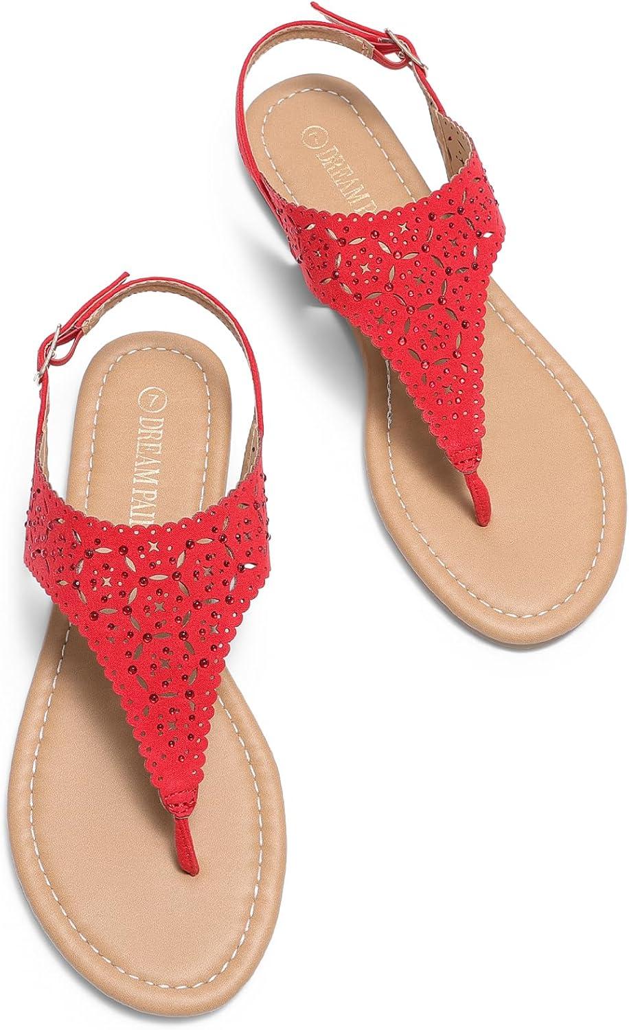 imageDREAM PAIRS Womens Rhinestone Casual Wear Cute Gladiator Flat Sandals Beach Dressy TStrap Thong SandalsRed