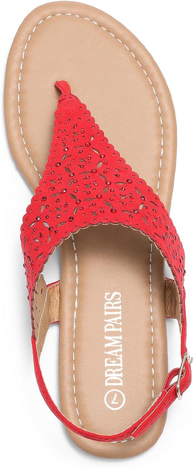 imageDREAM PAIRS Womens Rhinestone Casual Wear Cute Gladiator Flat Sandals Beach Dressy TStrap Thong SandalsRed