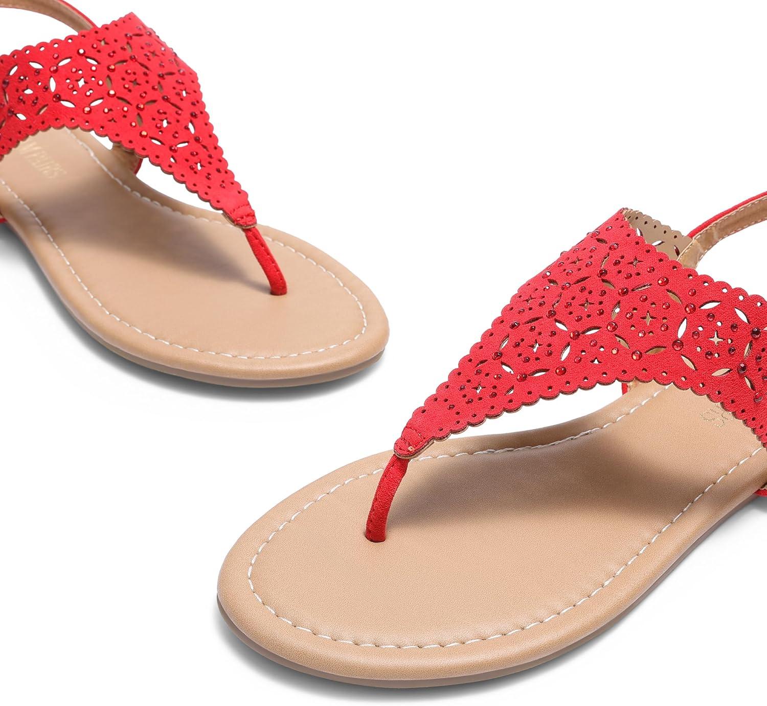 imageDREAM PAIRS Womens Rhinestone Casual Wear Cute Gladiator Flat Sandals Beach Dressy TStrap Thong SandalsRed