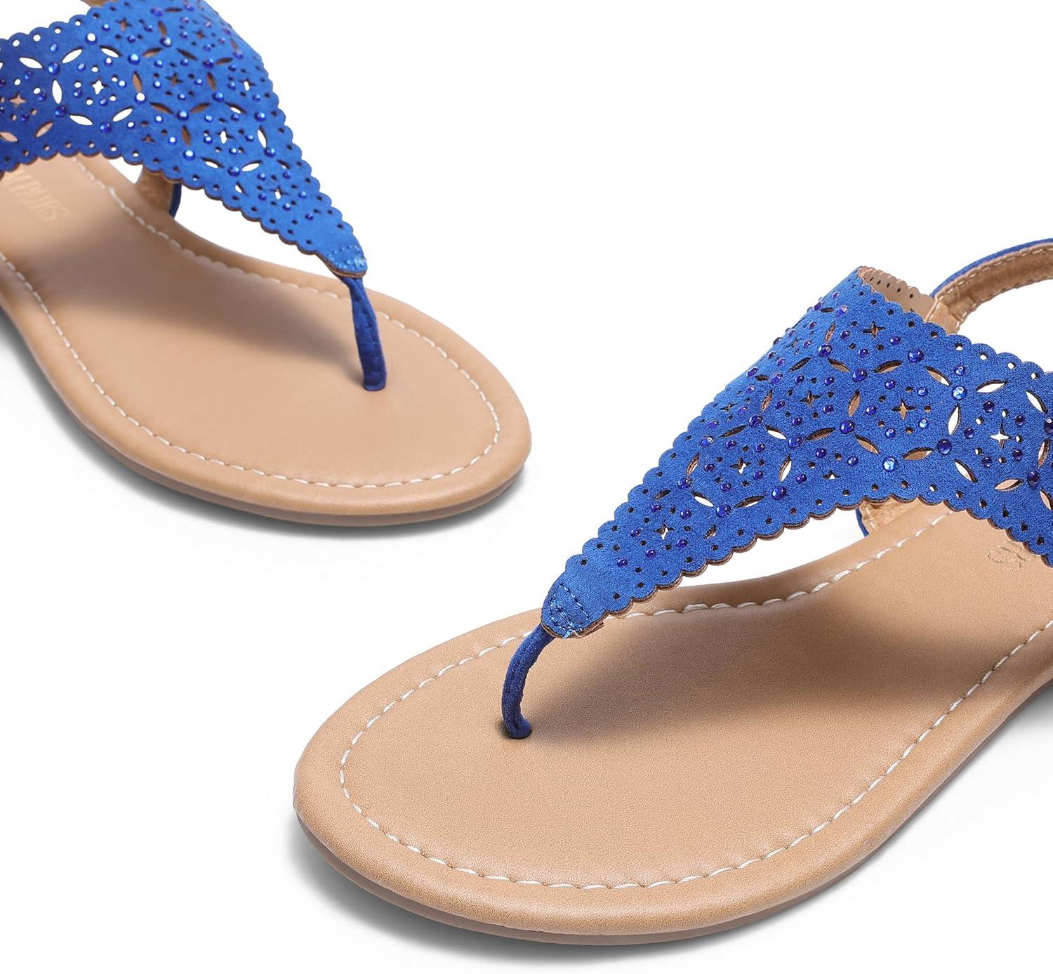 imageDREAM PAIRS Womens Rhinestone Casual Wear Cute Gladiator Flat Sandals Beach Dressy TStrap Thong SandalsRoyalBlue