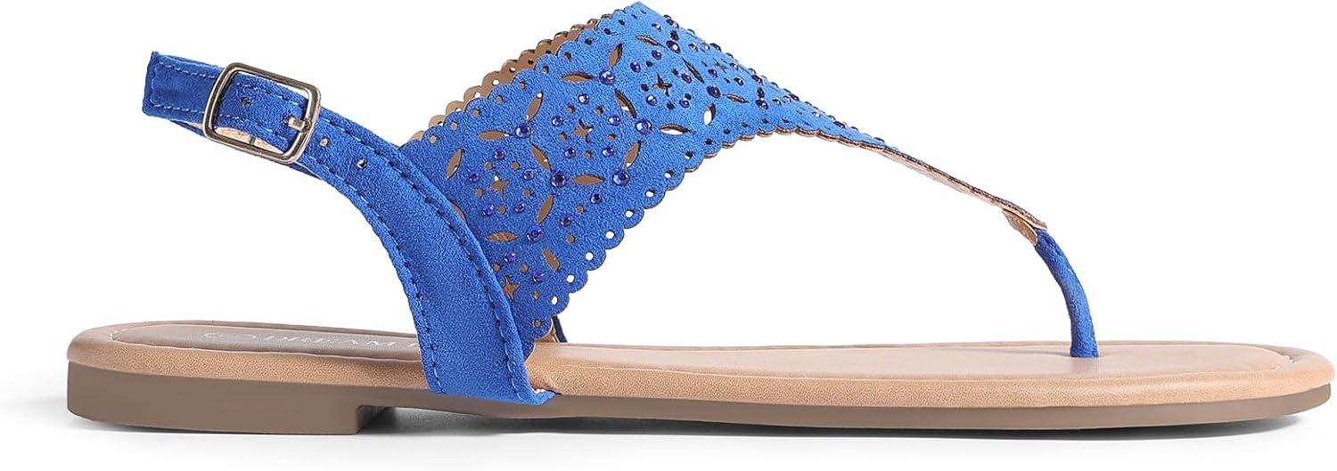 imageDREAM PAIRS Womens Rhinestone Casual Wear Cute Gladiator Flat Sandals Beach Dressy TStrap Thong SandalsRoyalBlue