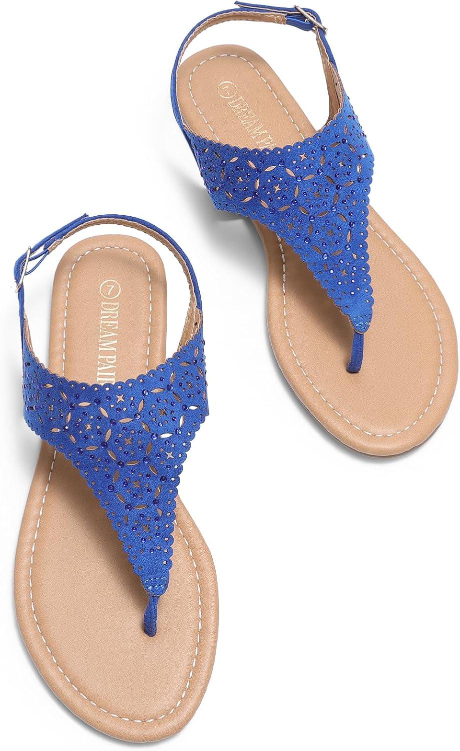 imageDREAM PAIRS Womens Rhinestone Casual Wear Cute Gladiator Flat Sandals Beach Dressy TStrap Thong SandalsRoyalBlue