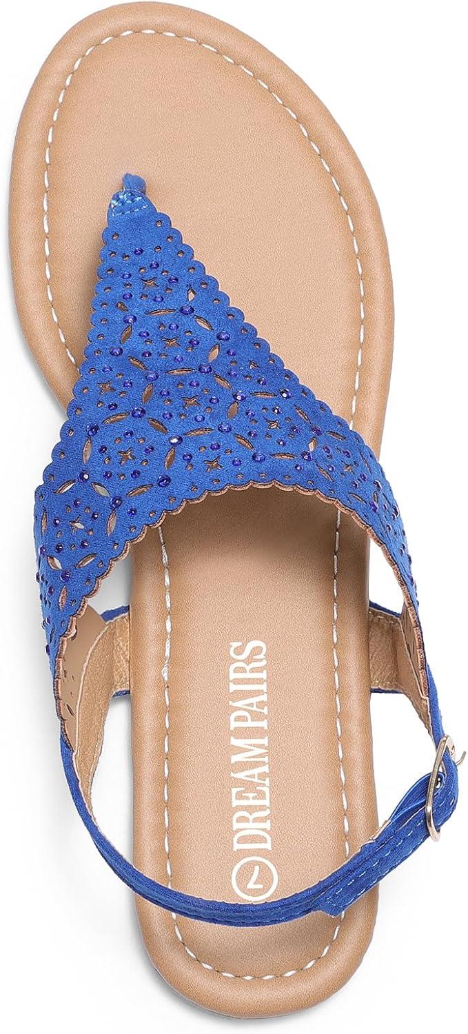 imageDREAM PAIRS Womens Rhinestone Casual Wear Cute Gladiator Flat Sandals Beach Dressy TStrap Thong SandalsRoyalBlue