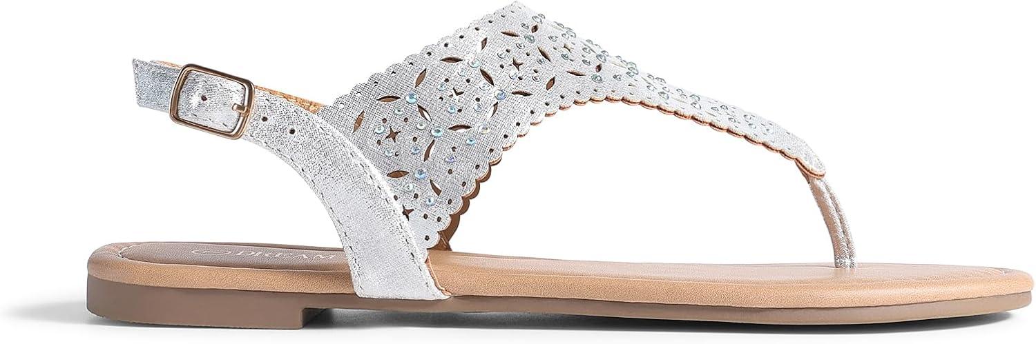 imageDREAM PAIRS Womens Rhinestone Casual Wear Cute Gladiator Flat Sandals Beach Dressy TStrap Thong SandalsSilver