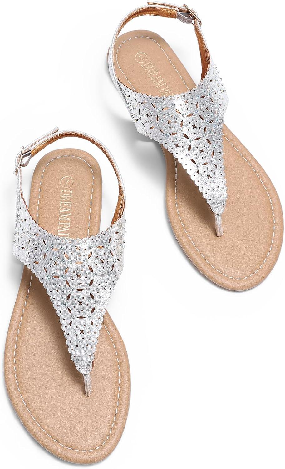 imageDREAM PAIRS Womens Rhinestone Casual Wear Cute Gladiator Flat Sandals Beach Dressy TStrap Thong SandalsSilver