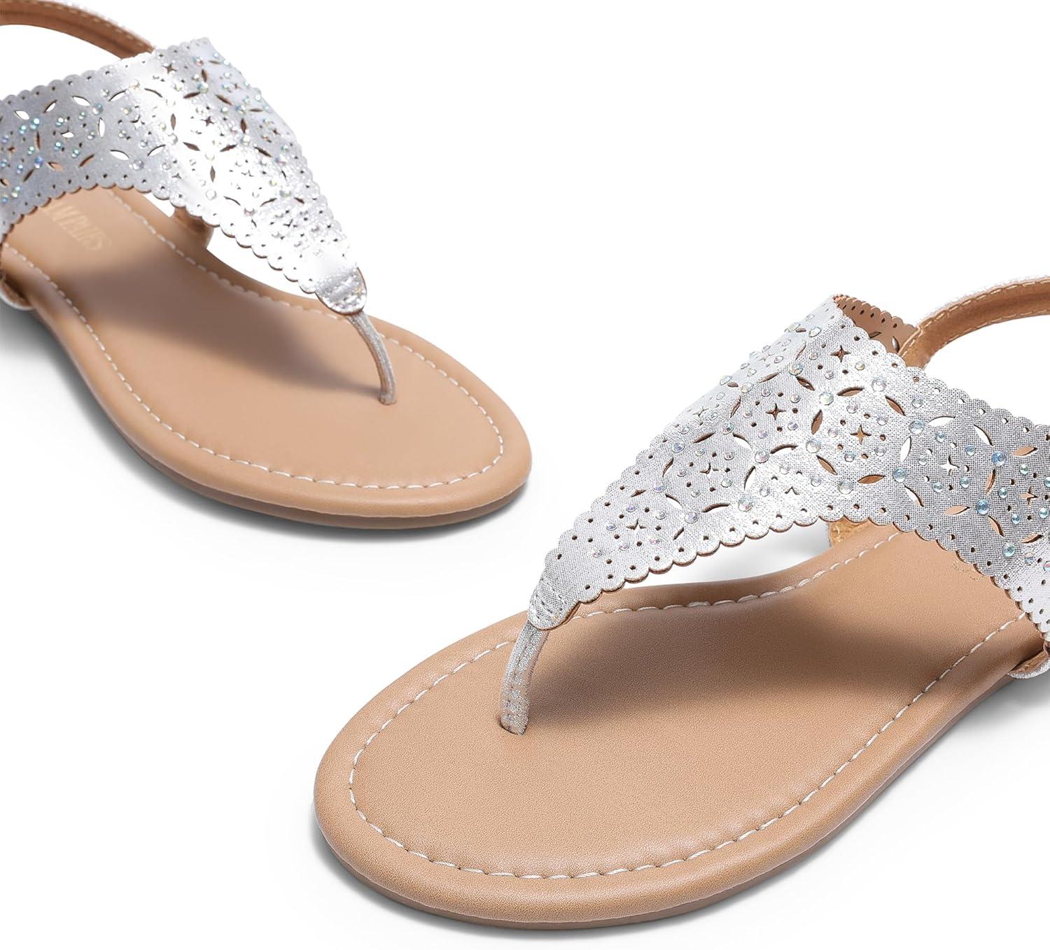 imageDREAM PAIRS Womens Rhinestone Casual Wear Cute Gladiator Flat Sandals Beach Dressy TStrap Thong SandalsSilver