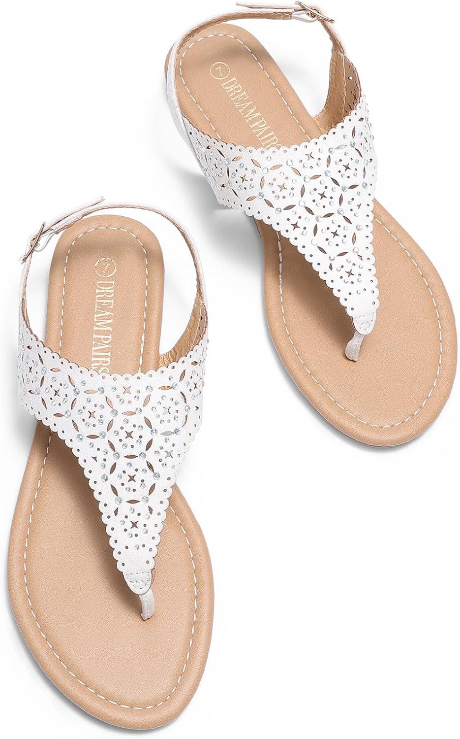 imageDREAM PAIRS Womens Rhinestone Casual Wear Cute Gladiator Flat Sandals Beach Dressy TStrap Thong SandalsWhite
