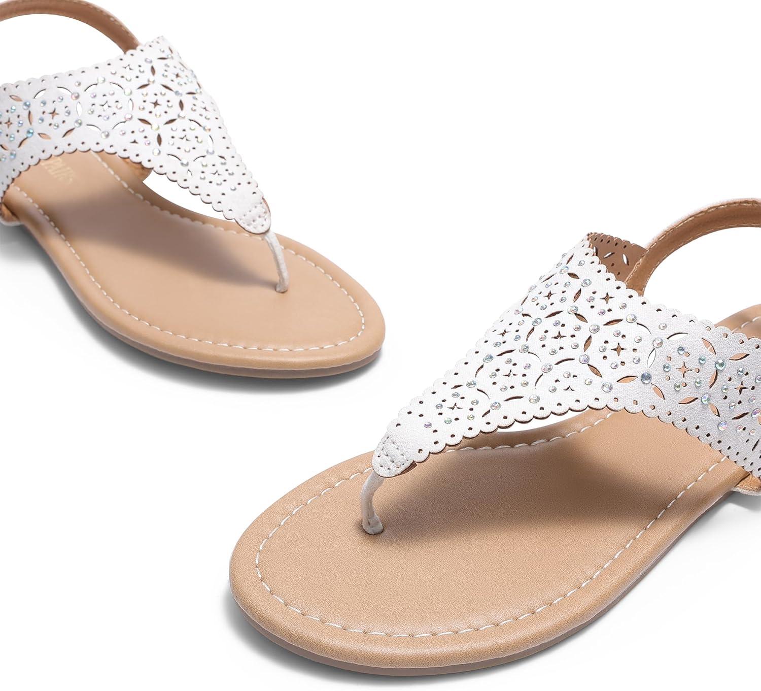 imageDREAM PAIRS Womens Rhinestone Casual Wear Cute Gladiator Flat Sandals Beach Dressy TStrap Thong SandalsWhite