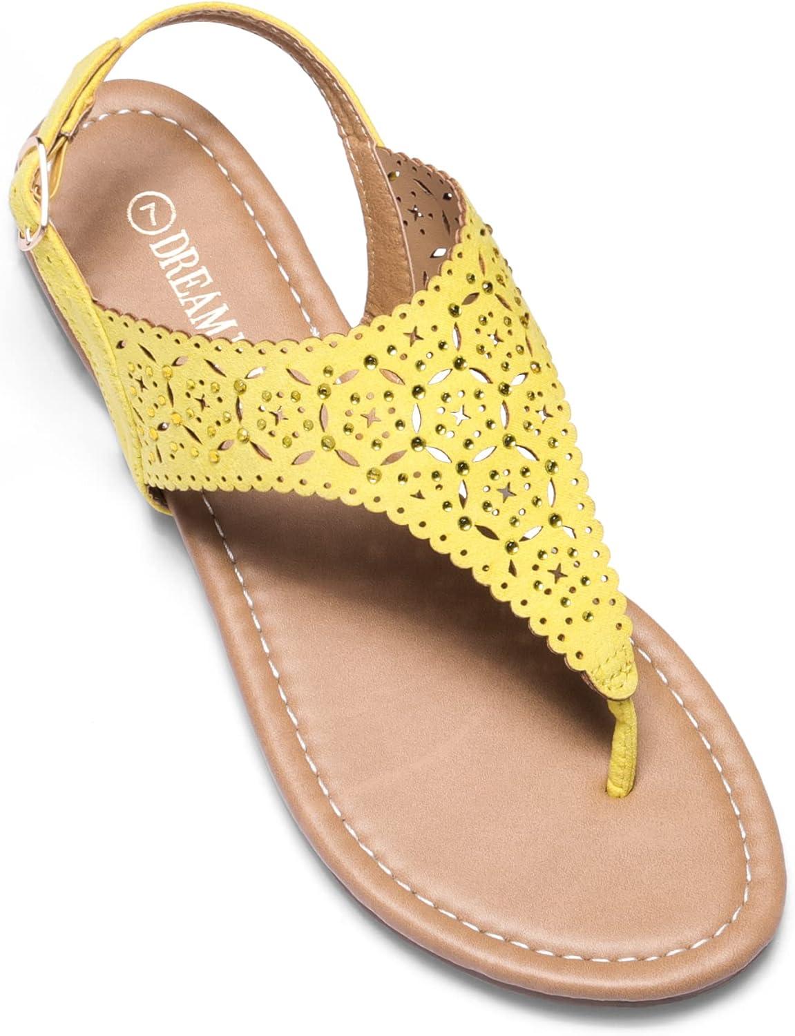 imageDREAM PAIRS Womens Rhinestone Casual Wear Cute Gladiator Flat Sandals Beach Dressy TStrap Thong SandalsYellow