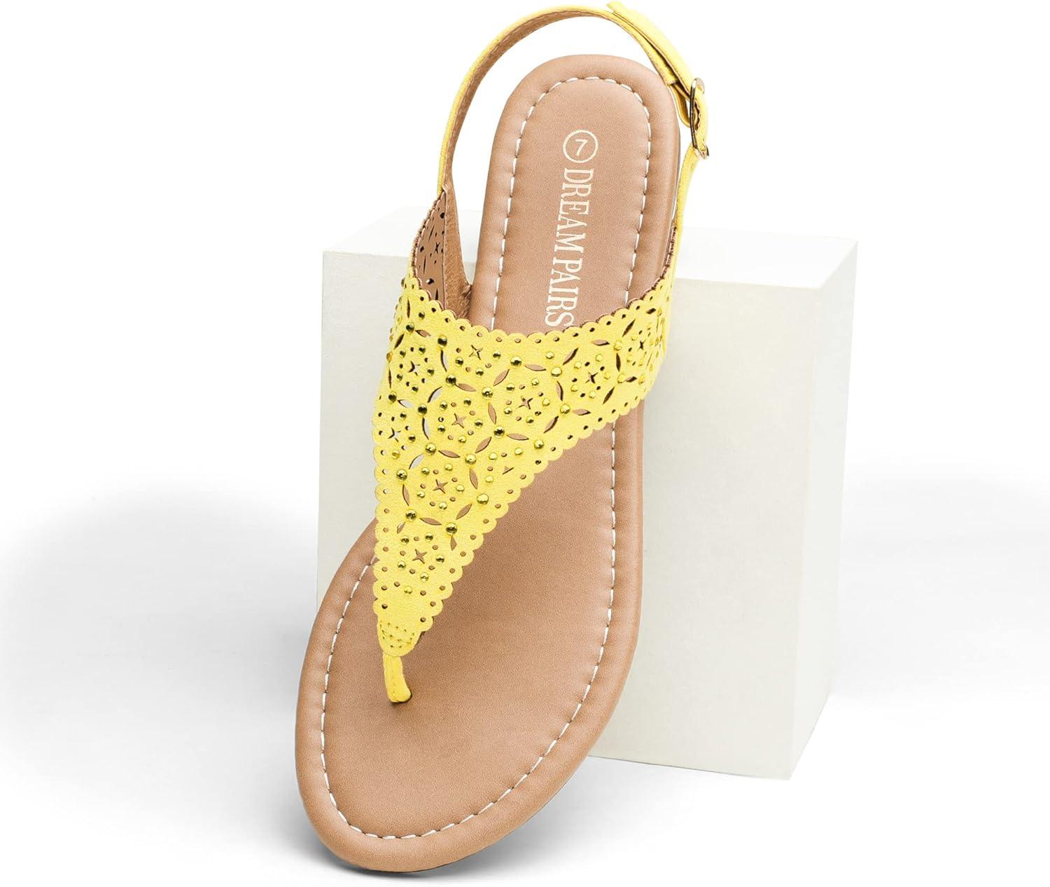 imageDREAM PAIRS Womens Rhinestone Casual Wear Cute Gladiator Flat Sandals Beach Dressy TStrap Thong SandalsYellow