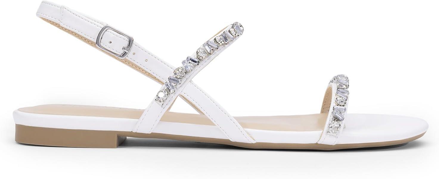 imageDREAM PAIRS Womens Rhinestone Sandals Open Toe Casual Dressy Sparkly Comfortable Flat Summer ShoesWhite