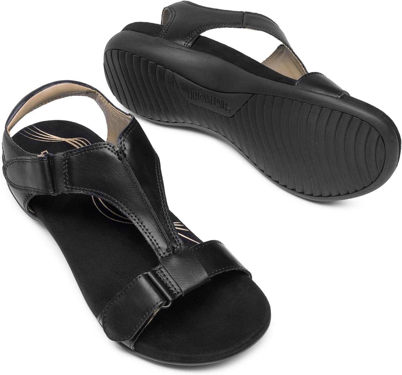 imageDREAM PAIRS Womens Sandals Arch Support TStrap Orthopedic Flat Sandals Comfortable Summer ShoesAll Black