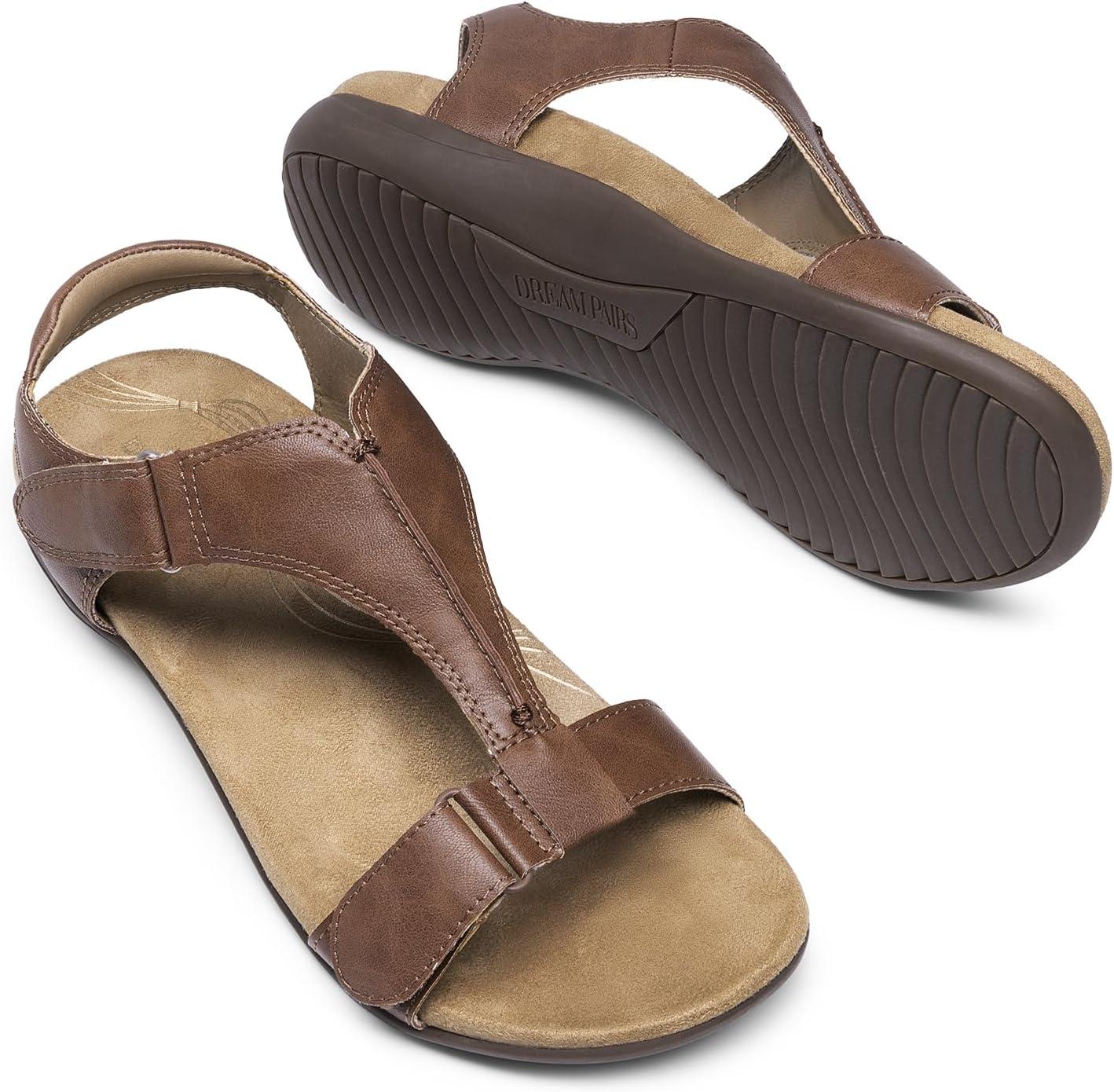imageDREAM PAIRS Womens Sandals Arch Support TStrap Orthopedic Flat Sandals Comfortable Summer ShoesBrown