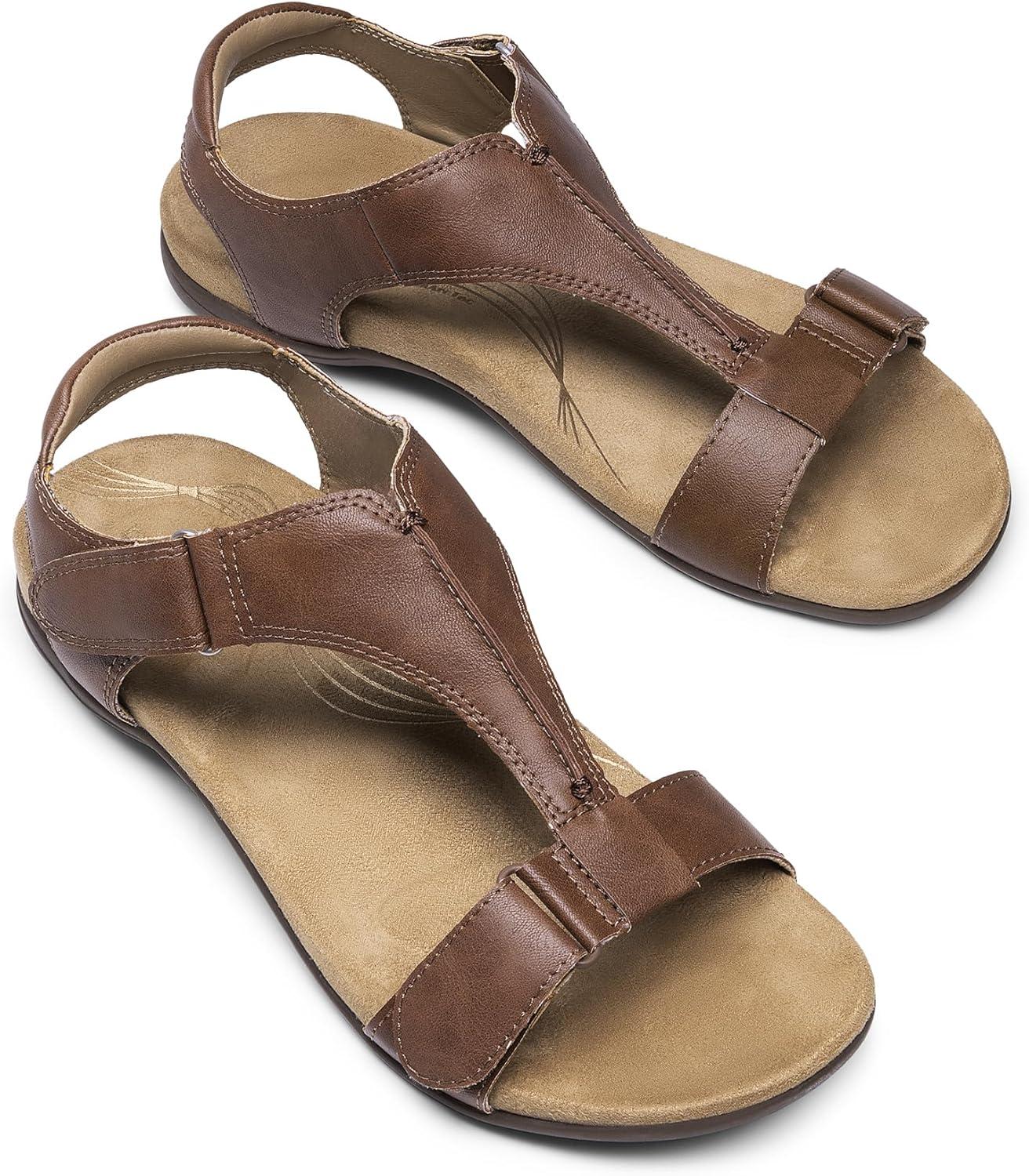 imageDREAM PAIRS Womens Sandals Arch Support TStrap Orthopedic Flat Sandals Comfortable Summer ShoesBrown