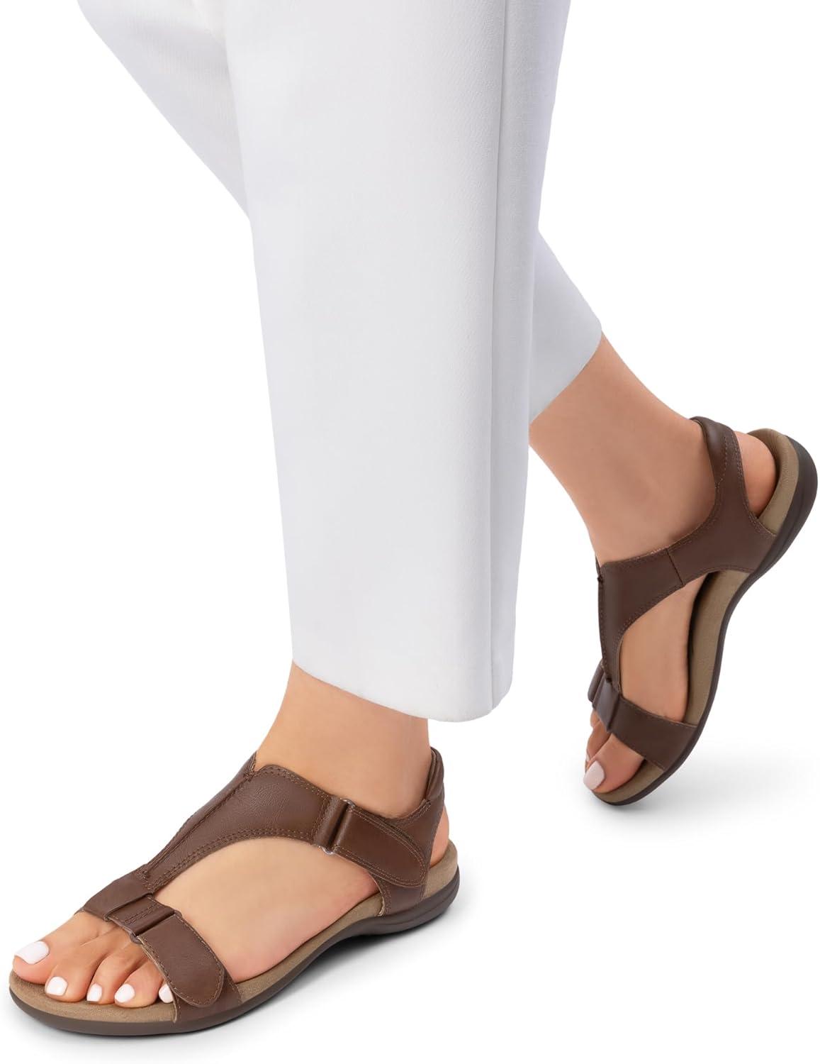 imageDREAM PAIRS Womens Sandals Arch Support TStrap Orthopedic Flat Sandals Comfortable Summer ShoesBrown