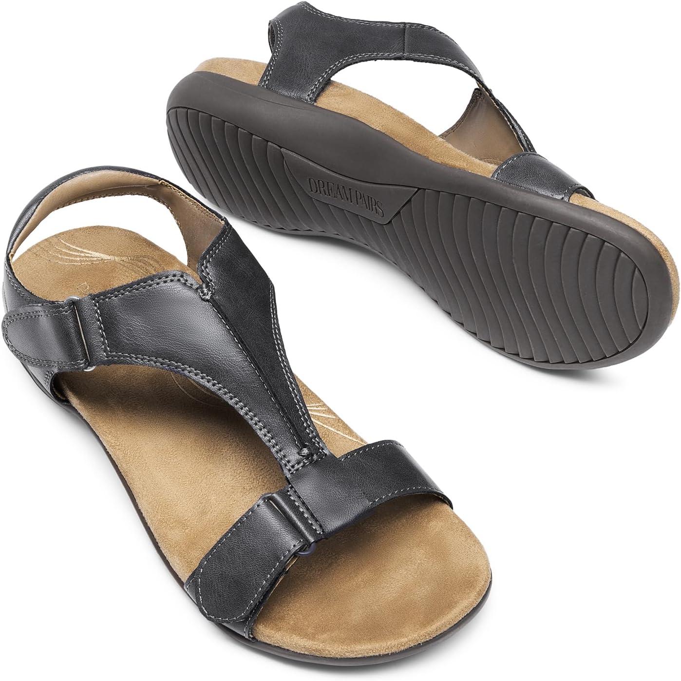 imageDREAM PAIRS Womens Sandals Arch Support TStrap Orthopedic Flat Sandals Comfortable Summer ShoesGrey