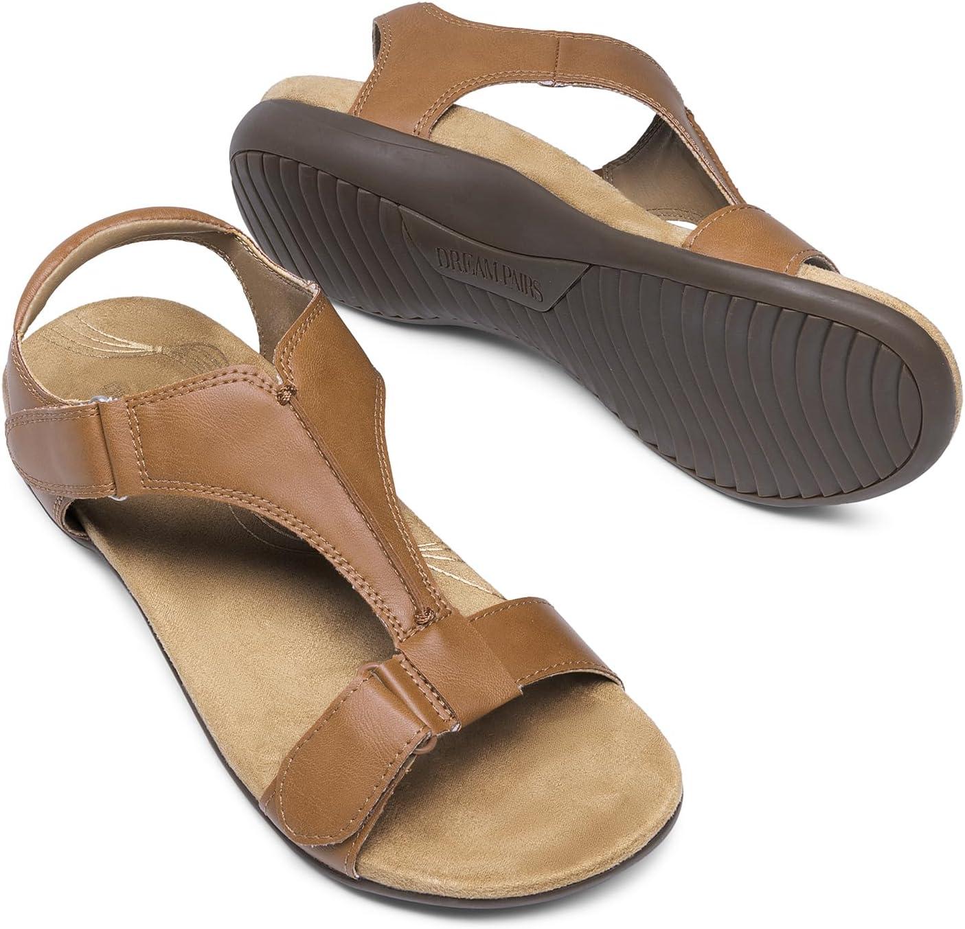 imageDREAM PAIRS Womens Sandals Arch Support TStrap Orthopedic Flat Sandals Comfortable Summer ShoesTan