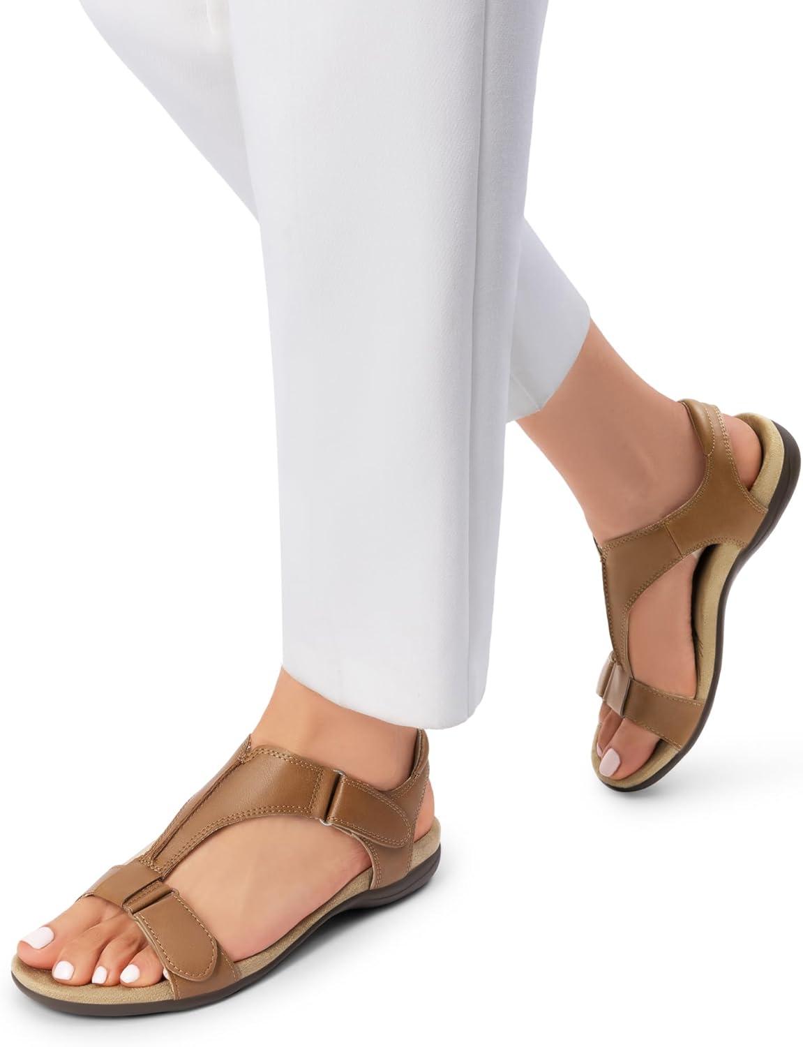 imageDREAM PAIRS Womens Sandals Arch Support TStrap Orthopedic Flat Sandals Comfortable Summer ShoesTan