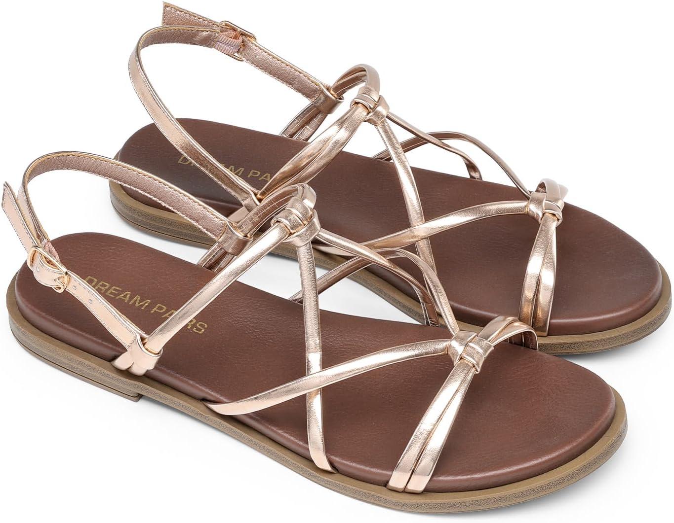 imageDREAM PAIRS Womens Sandals Cross Strappy Gladiator Dress Flat Sandals Daily Casual Comfortable Summer ShoesRose Goldpu