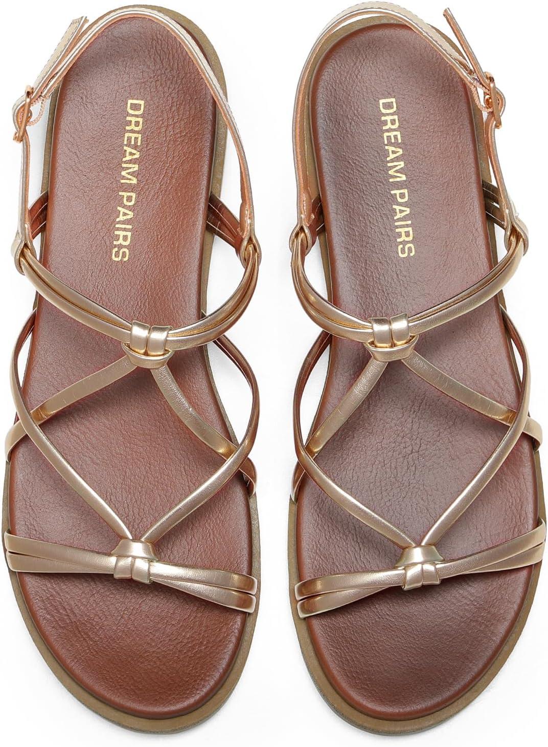 imageDREAM PAIRS Womens Sandals Cross Strappy Gladiator Dress Flat Sandals Daily Casual Comfortable Summer ShoesRose Goldpu
