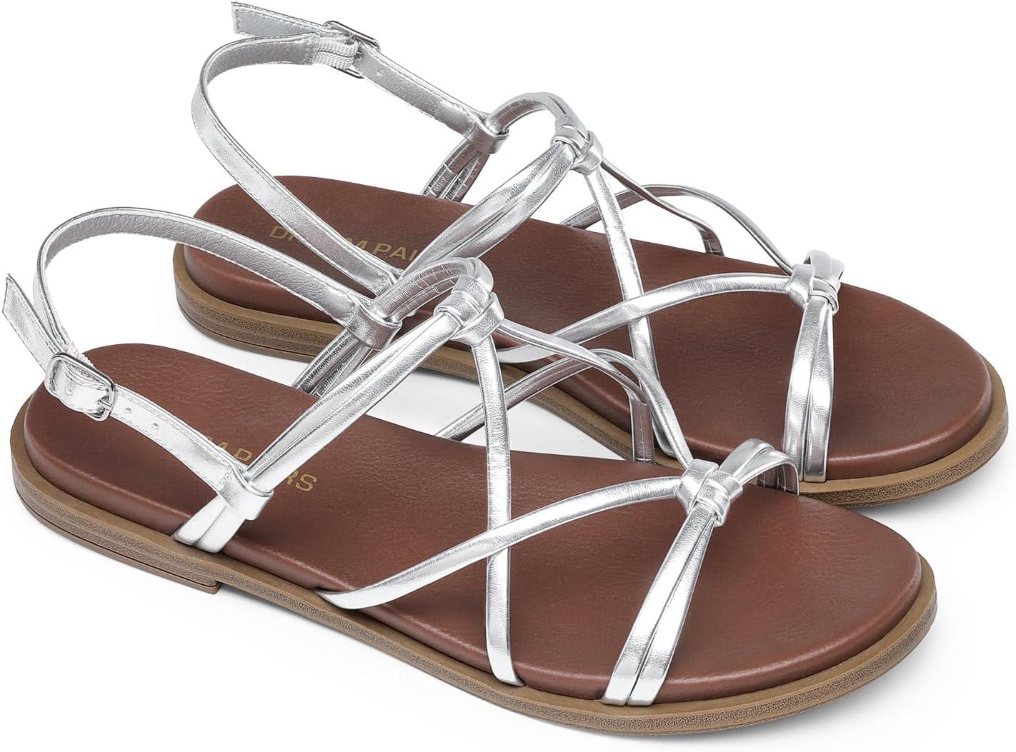 imageDREAM PAIRS Womens Sandals Cross Strappy Gladiator Dress Flat Sandals Daily Casual Comfortable Summer ShoesSilverpu