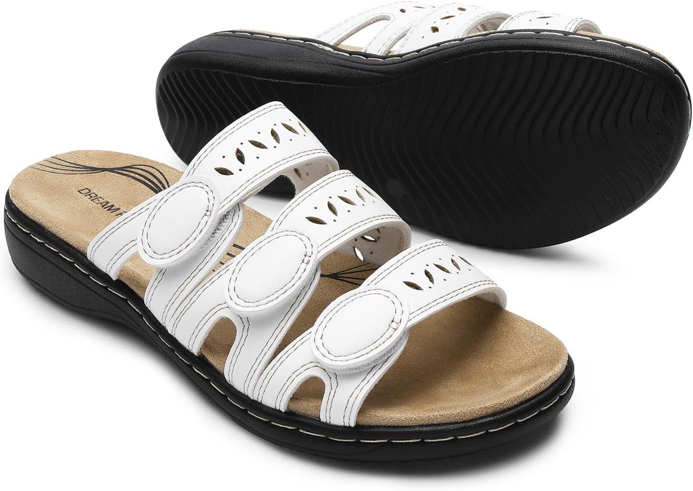 imageDREAM PAIRS Womens Slide Sandals Comfortable Arch Support Casual Walking Sandals Adjustable Straps Slip On Low Wedge Flat SandalsWhite