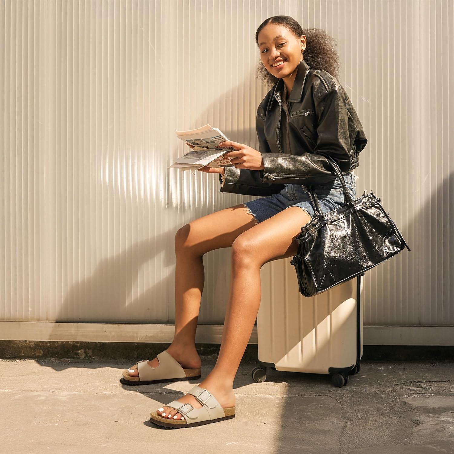 imageDREAM PAIRS Womens Slide Sandals Cork Footbed Open Toe Adjustable Flat Sandals Comfort Slip On Slippers for SummerNatural