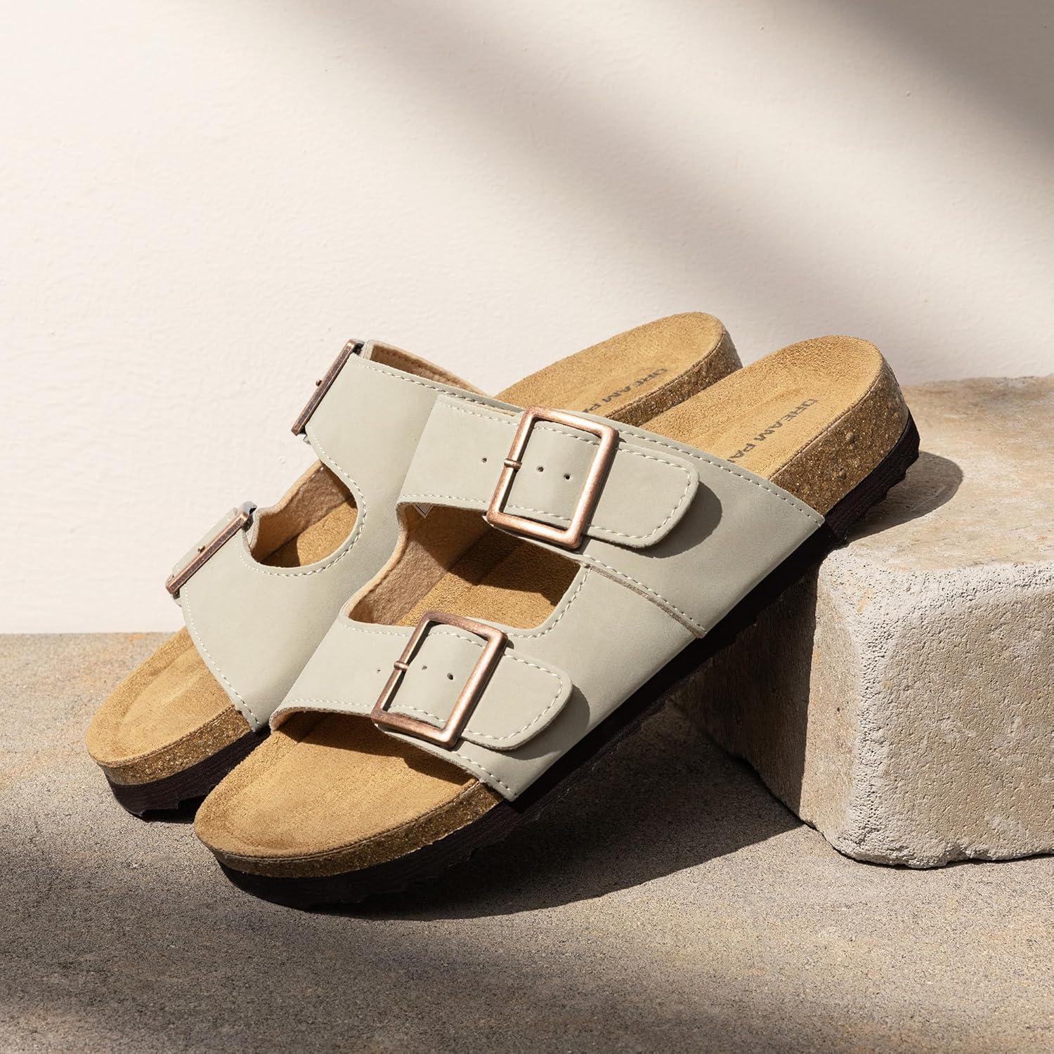 imageDREAM PAIRS Womens Slide Sandals Cork Footbed Open Toe Adjustable Flat Sandals Comfort Slip On Slippers for SummerNatural