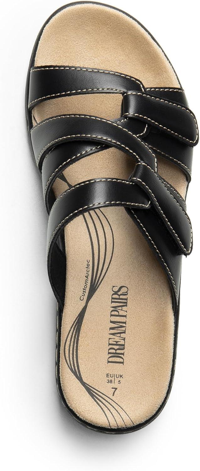 imageDREAM PAIRS Womens Slides Arch Support Slip on Flat Sandals Comfort Plantar Fasciitis Soft Cushion Slippers With Adjustable StrapsBlack