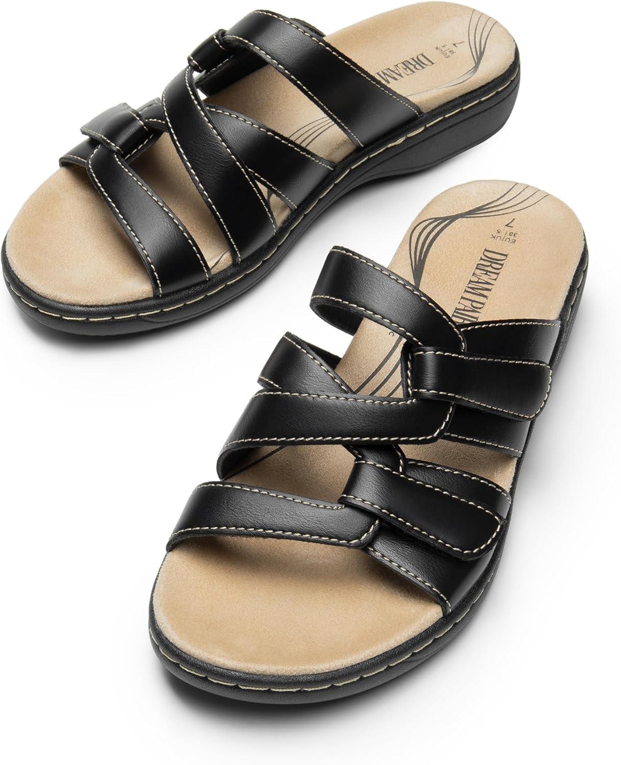 imageDREAM PAIRS Womens Slides Arch Support Slip on Flat Sandals Comfort Plantar Fasciitis Soft Cushion Slippers With Adjustable StrapsBlack