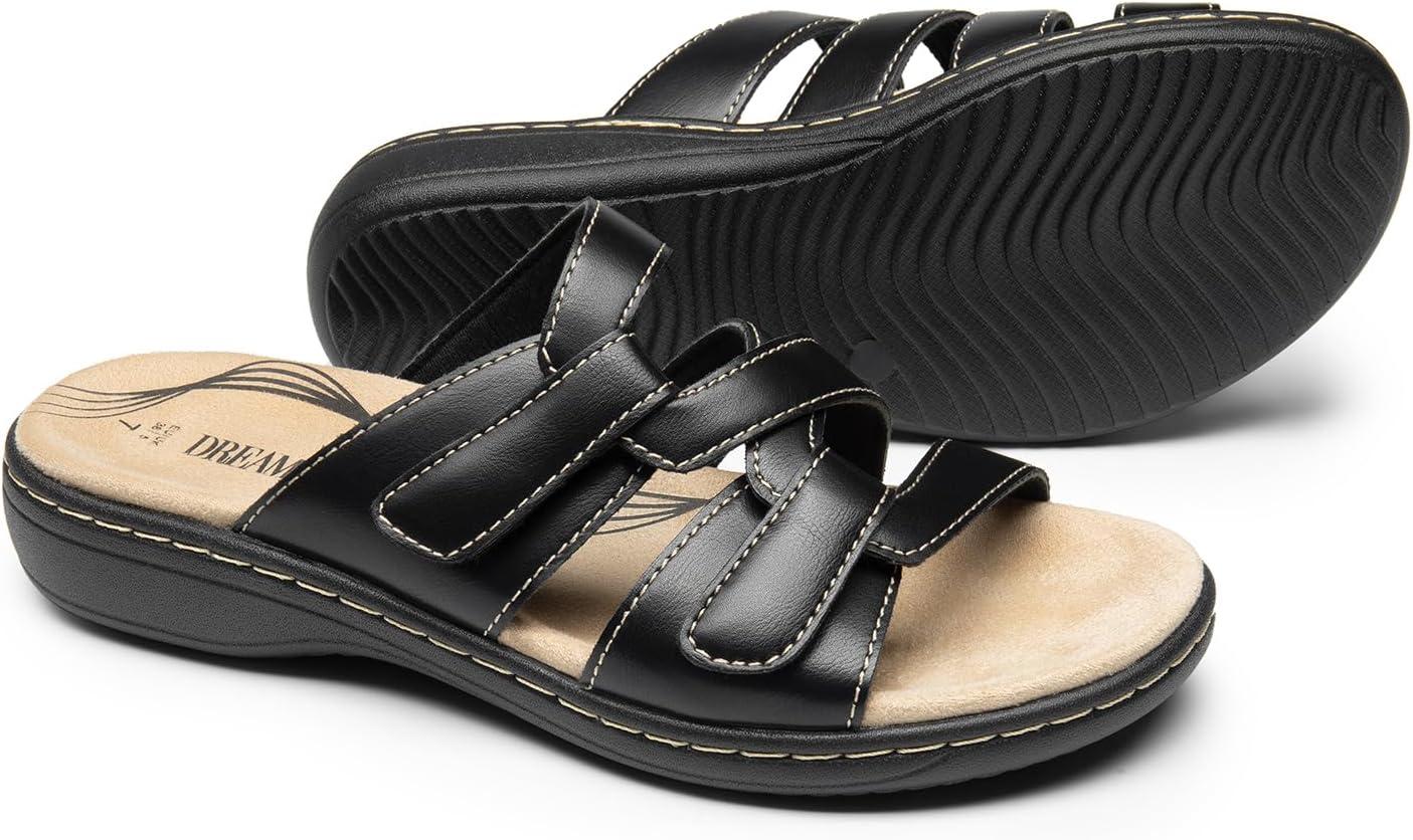imageDREAM PAIRS Womens Slides Arch Support Slip on Flat Sandals Comfort Plantar Fasciitis Soft Cushion Slippers With Adjustable StrapsBlack