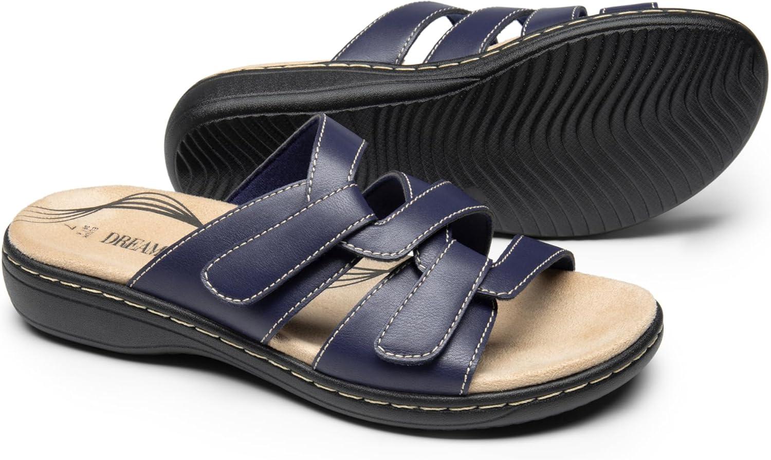 imageDREAM PAIRS Womens Slides Arch Support Slip on Flat Sandals Comfort Plantar Fasciitis Soft Cushion Slippers With Adjustable StrapsNavy