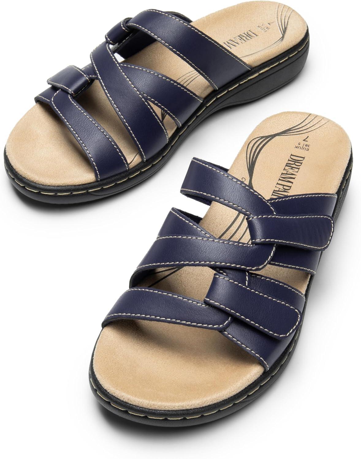 imageDREAM PAIRS Womens Slides Arch Support Slip on Flat Sandals Comfort Plantar Fasciitis Soft Cushion Slippers With Adjustable StrapsNavy