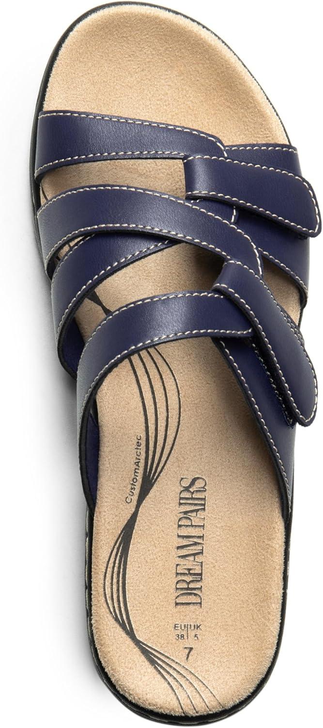 imageDREAM PAIRS Womens Slides Arch Support Slip on Flat Sandals Comfort Plantar Fasciitis Soft Cushion Slippers With Adjustable StrapsNavy