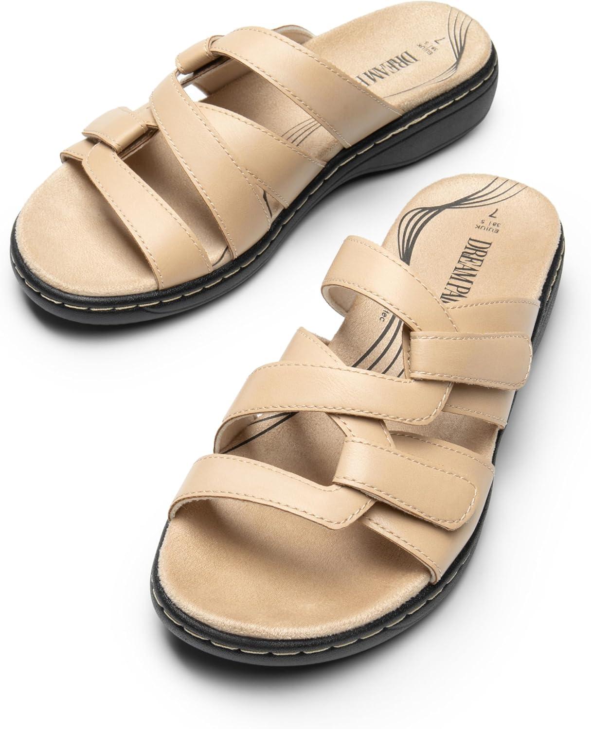 imageDREAM PAIRS Womens Slides Arch Support Slip on Flat Sandals Comfort Plantar Fasciitis Soft Cushion Slippers With Adjustable StrapsNude