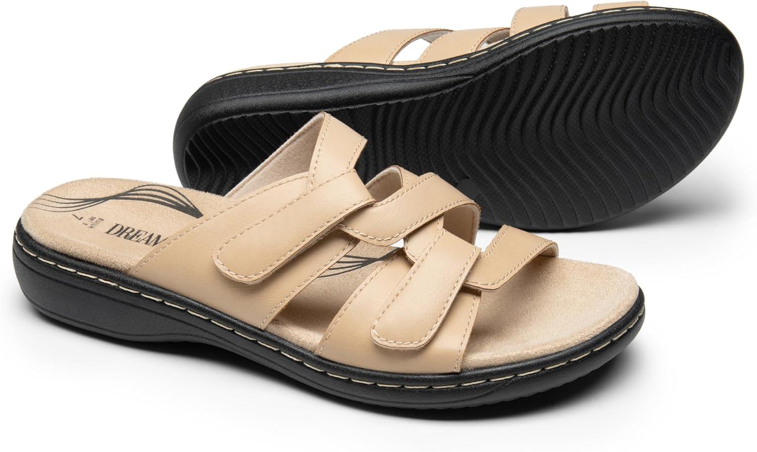 imageDREAM PAIRS Womens Slides Arch Support Slip on Flat Sandals Comfort Plantar Fasciitis Soft Cushion Slippers With Adjustable StrapsNude