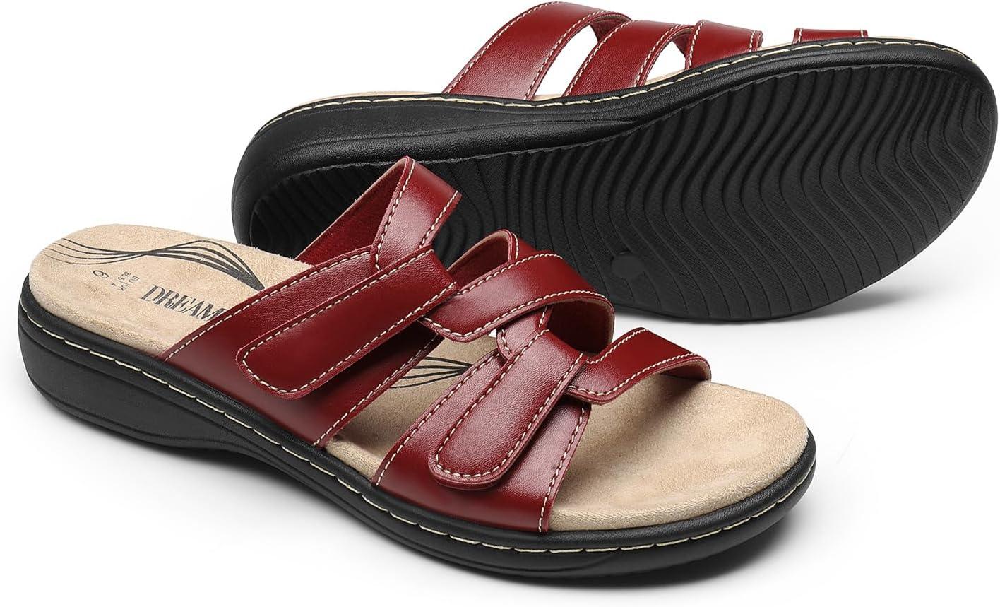 imageDREAM PAIRS Womens Slides Arch Support Slip on Flat Sandals Comfort Plantar Fasciitis Soft Cushion Slippers With Adjustable StrapsRedpu