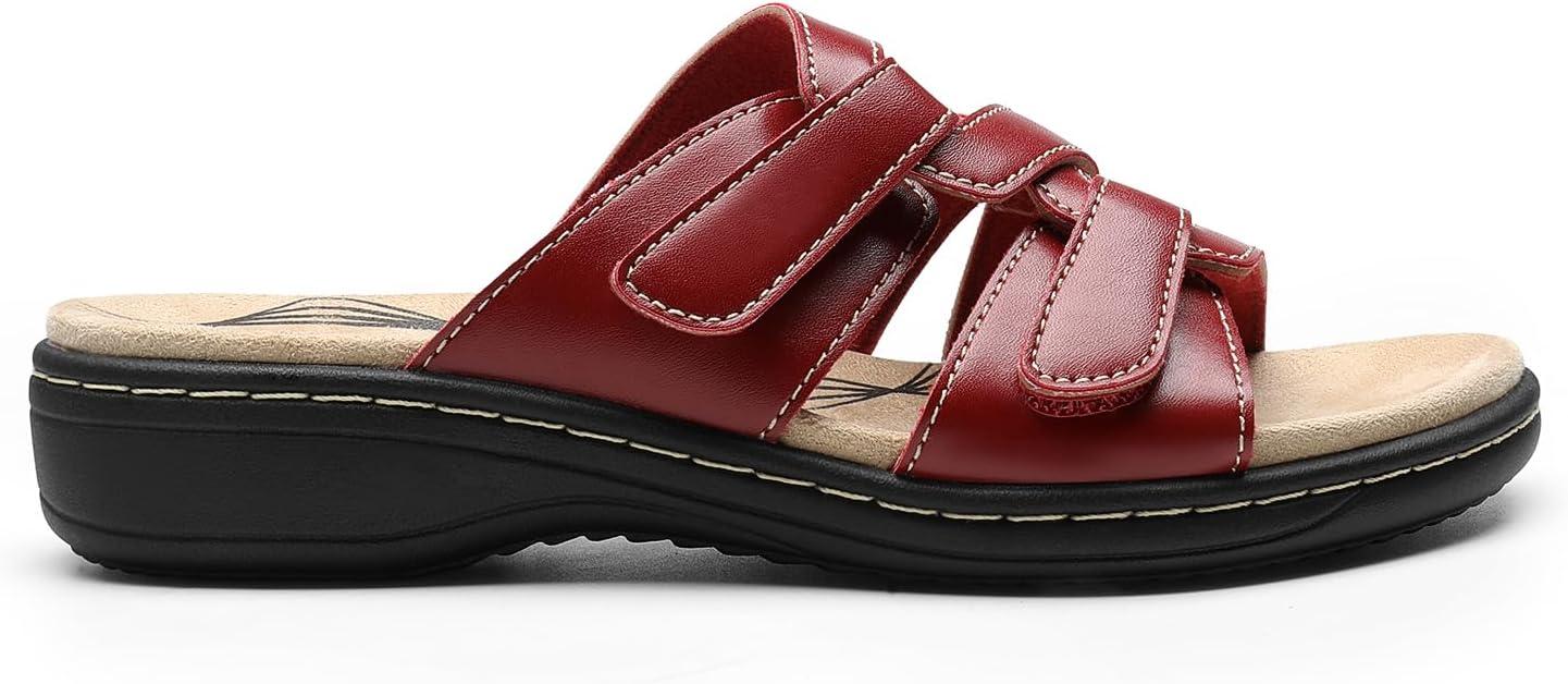 imageDREAM PAIRS Womens Slides Arch Support Slip on Flat Sandals Comfort Plantar Fasciitis Soft Cushion Slippers With Adjustable StrapsRedpu