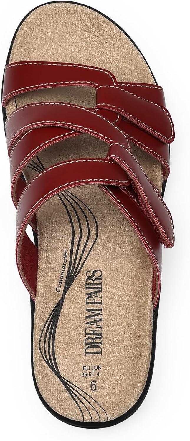 imageDREAM PAIRS Womens Slides Arch Support Slip on Flat Sandals Comfort Plantar Fasciitis Soft Cushion Slippers With Adjustable StrapsRedpu
