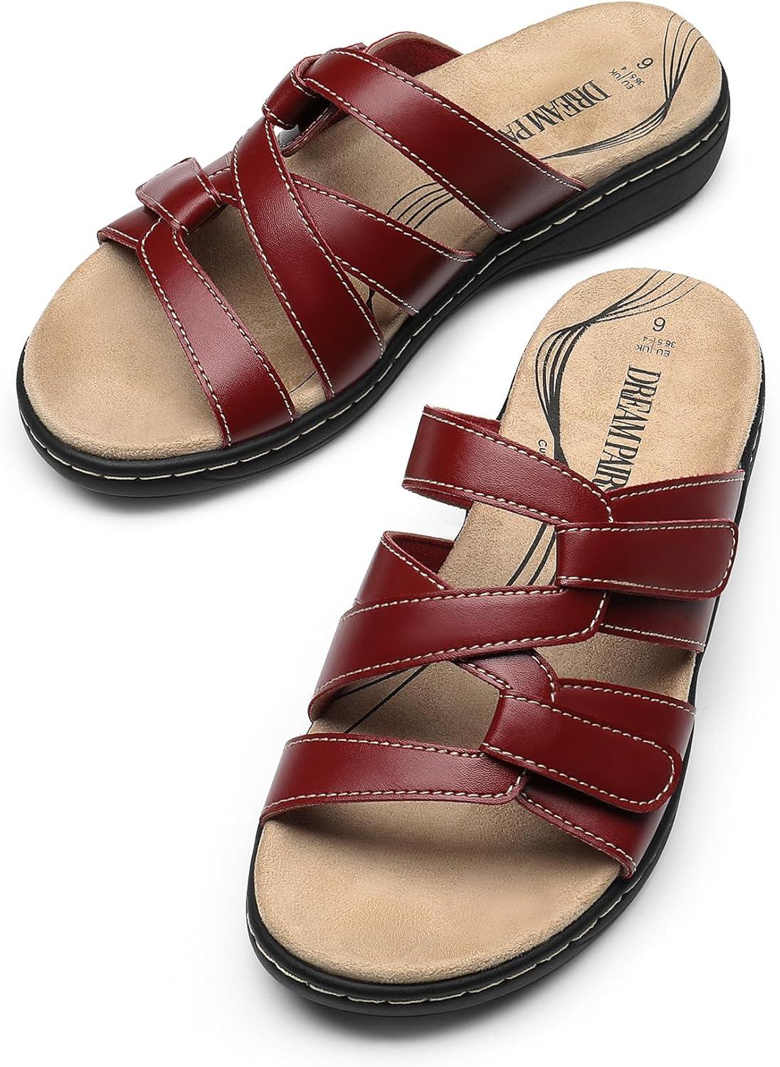 imageDREAM PAIRS Womens Slides Arch Support Slip on Flat Sandals Comfort Plantar Fasciitis Soft Cushion Slippers With Adjustable StrapsRedpu