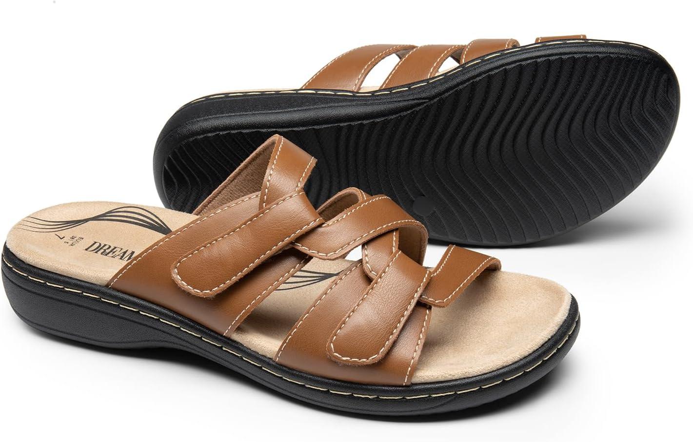 imageDREAM PAIRS Womens Slides Arch Support Slip on Flat Sandals Comfort Plantar Fasciitis Soft Cushion Slippers With Adjustable StrapsTan