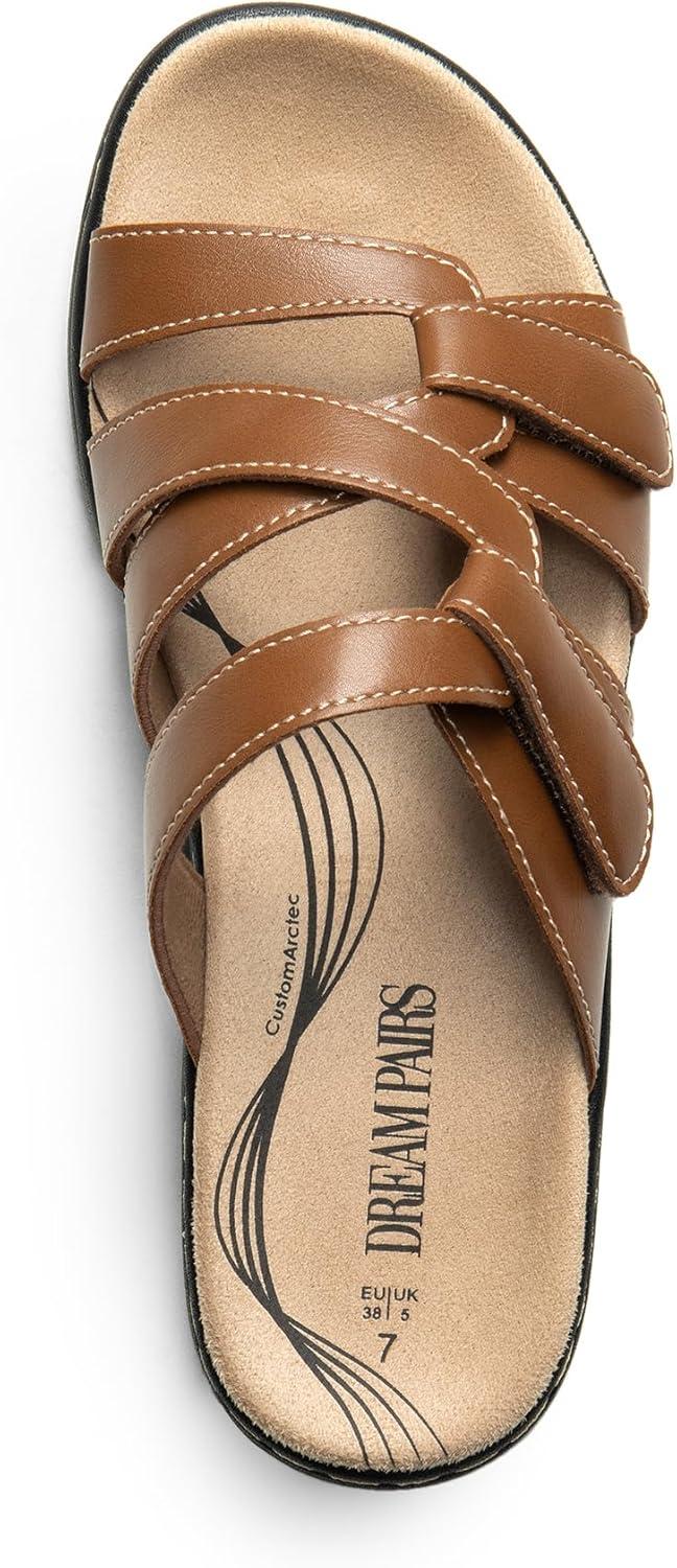 imageDREAM PAIRS Womens Slides Arch Support Slip on Flat Sandals Comfort Plantar Fasciitis Soft Cushion Slippers With Adjustable StrapsTan