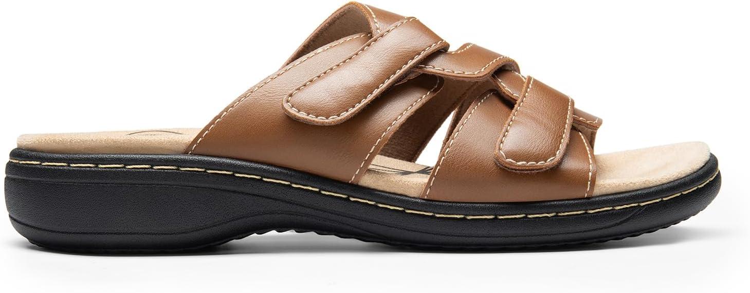 imageDREAM PAIRS Womens Slides Arch Support Slip on Flat Sandals Comfort Plantar Fasciitis Soft Cushion Slippers With Adjustable StrapsTan