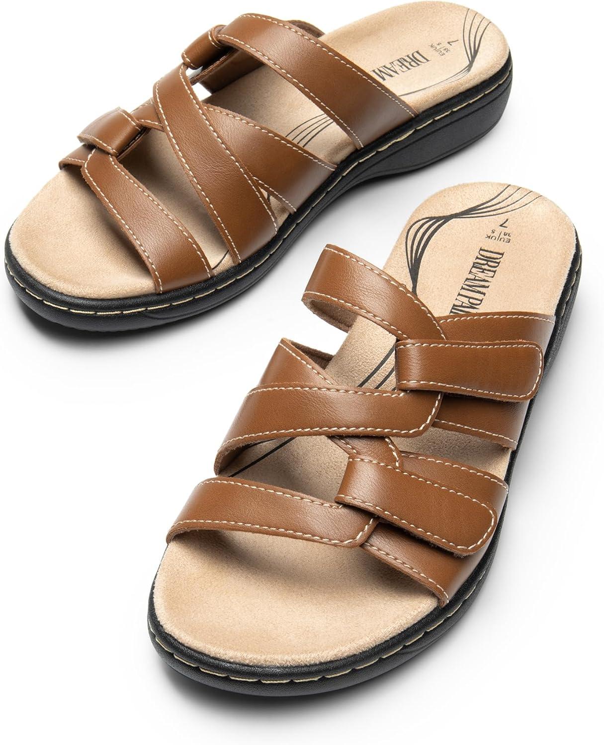 imageDREAM PAIRS Womens Slides Arch Support Slip on Flat Sandals Comfort Plantar Fasciitis Soft Cushion Slippers With Adjustable StrapsTan