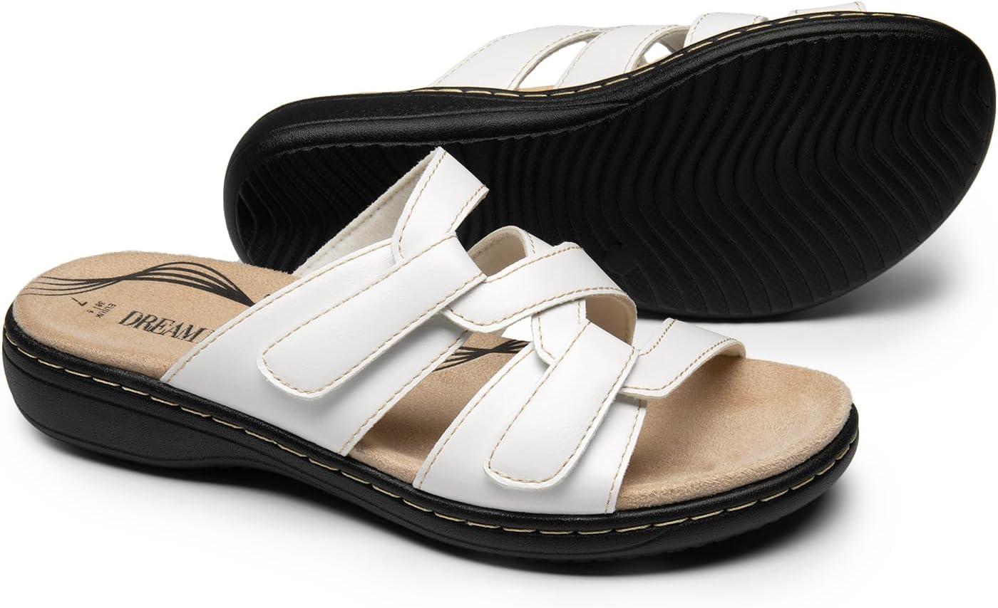 imageDREAM PAIRS Womens Slides Arch Support Slip on Flat Sandals Comfort Plantar Fasciitis Soft Cushion Slippers With Adjustable StrapsWhite