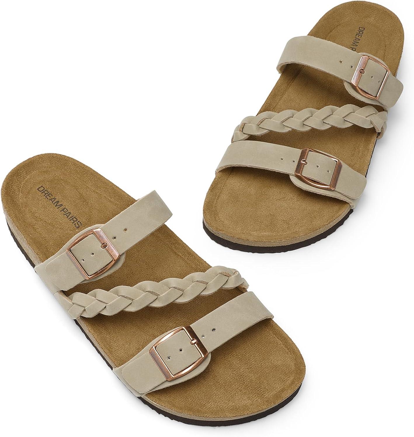 imageDREAM PAIRS Womens Slides Soft Cork Footbed Sandals Comfortable Walking Slipon Flat Sandals Arch Support Adjustable Buckle Braided Straps SlippersBeige