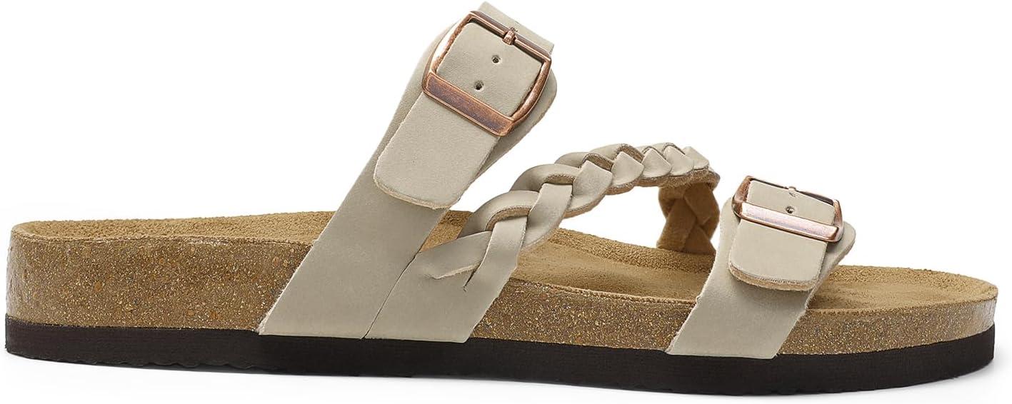 imageDREAM PAIRS Womens Slides Soft Cork Footbed Sandals Comfortable Walking Slipon Flat Sandals Arch Support Adjustable Buckle Braided Straps SlippersBeige